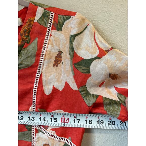Roolee 100% linen V-neck Fit Flare Women's Red Floral Magnolia Dress Size Small - Picture 8 of 11